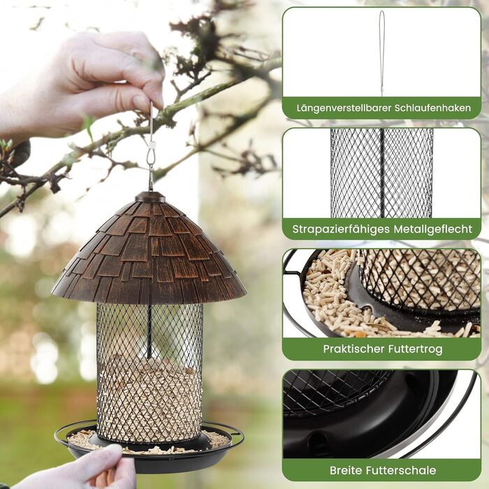 Годівниця для птахів Costway з металу, підвісна, вологостійка, для саду та балкону, коричнева