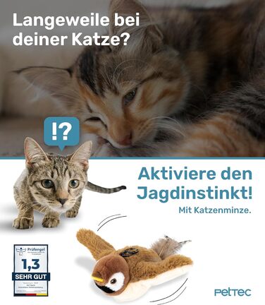 PetTec Інтерактивна електрична іграшка для котів — рухомий птах з котячою м'ятою, автоматичне самостійне заняття