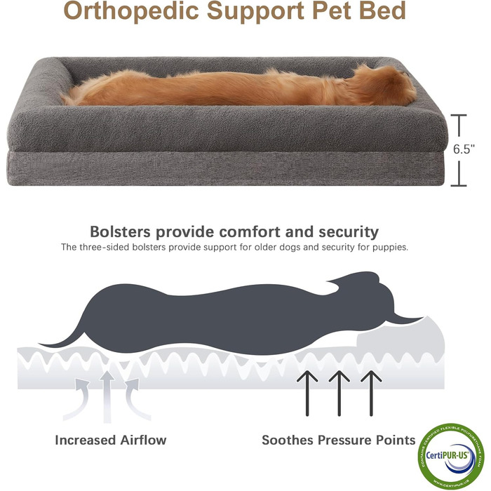 Ортопедичне собаче ліжко RRPETHOME, велике, знімний чохол, водонепроникне, сіре (36x27x6.5 см)