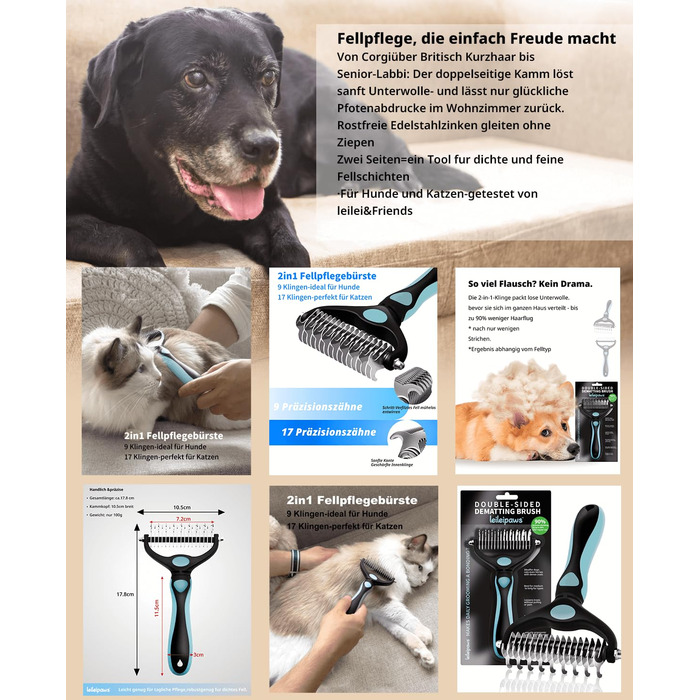 Гребінець для собак та котів проти вичісування – ергономічна ручка, міцний, 17/9 зубців, видаляє ковтуни та підшерстя, дешадінг-щітка для довгошерстих та короткошерстих порід (Синьо-чорний)