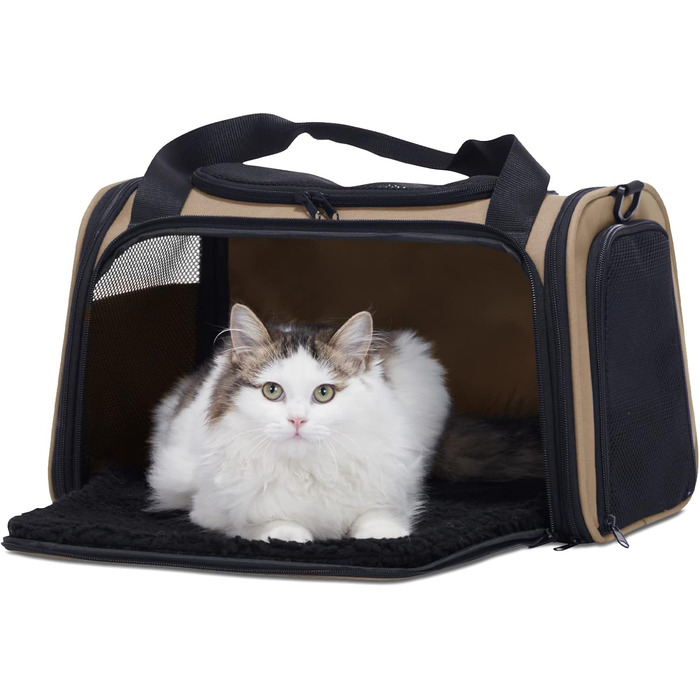 Транспортувальна сумка для котів і малих собак Petsfit, легка авіасумка з захисним ременем і розширюваним килимком, розмір S, колір хакі