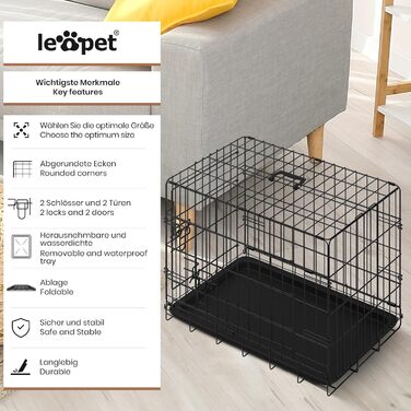 Leopet® складний металевий вольєр для собак з пластиковим піддоном, чорний, для дому та перевезення, 121x74x81 см