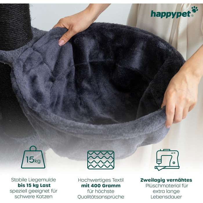 Великий котячий дряпак HAPPYPET 181 см, стабільний кіт-дерево з товстими стовпами 11 см, будиночок, ігровий тунель, великі лежанки, мотузка для ігор, антрацит