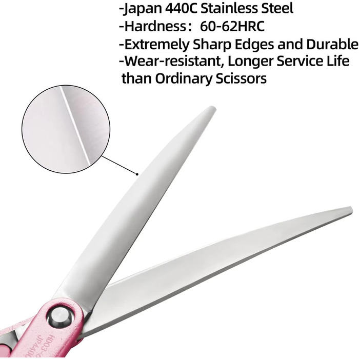 Професійна вигнута коса для грумінгу собак 16,5 см, 440C, нержавіюча сталь, з ручкою з алюмінію (рожева, вигнута)