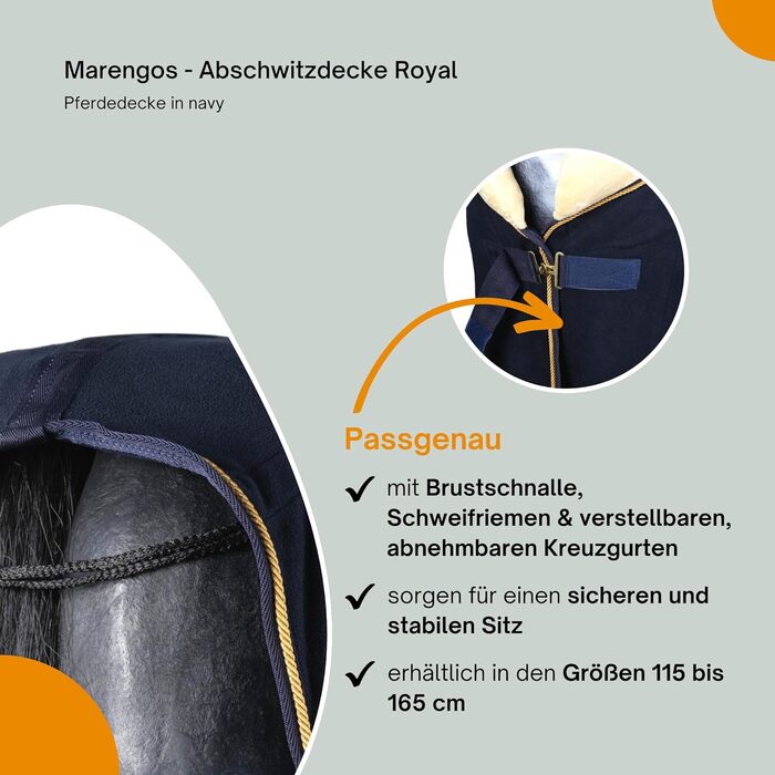 Флісова попона Marengos Royal для коня з хрестоподібними ременями, м'яким коміром, пряжкою на грудях і ременем для хвоста, швидке вбирання вологи, синя, 125 см