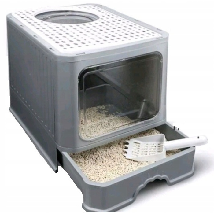 Закритий лоток-туалет для котів, сірий, з ручкою та висувною шухлядою, 50 x 40 x 38 см