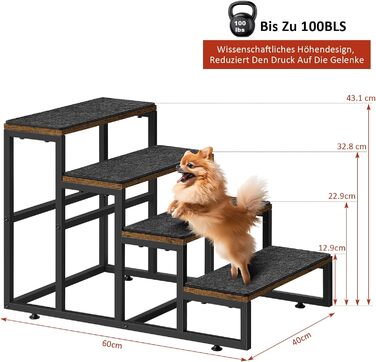 Смусей Сходинки для домашніх тварин: собачі та котячі, 4 сходинки, стабільна конструкція з дерева та металу, протиковзке покриття, для диванів, ліжок, балконів, 60x40x43 см, коричневий