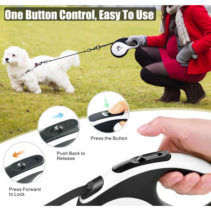 Висувна собача повідка, 5 м: повідка з двома карабінами, повідка для 2 собак, подовжена повідка для собак середніх та великих порід до 50 кг, білий та чорний колір