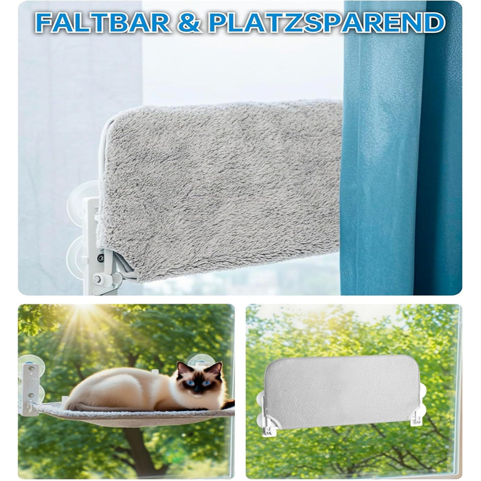 Кішка ліжко на вікно BnbnPup Fensteriege – гамак для котів з міцними присосками до 18 кг, знімний та перевертаний чохол, Fatbar & Stabi (Сірий, L)