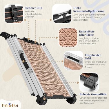 Рампа для собак у машину Klappbar - Складана, стабільна, протиковзка, для автомобілів та SUV до 90 кг, телескопічна алюмінієва рампа, з світловідбиваючими смугами, кріпильний кліп, для великих собак