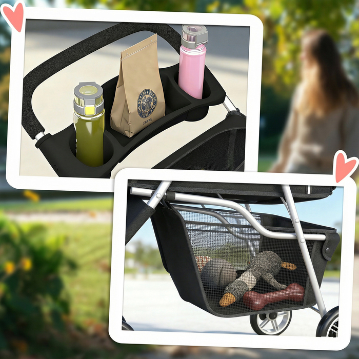 Складаний візок для собак (buggy) з кошиком, подушкою, сітчастим вікном та підстаканником для малих порід до 10 кг, чорний