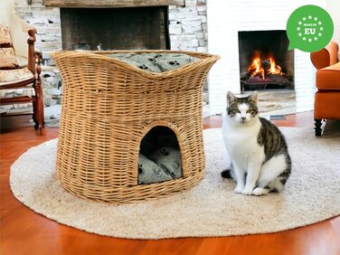Кошик для кота зі спального місця, котяча хата з лози 60 см, двоповерхове ліжко для котів і собак з м'якою сірою подушкою, натуральний колір