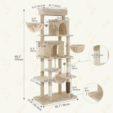 Драбина для котів YITAHOME - кігтеточка, будиночок, велика платформа, товсті стовпи (11 см), м'яке ліжко, 50 x 50 x 157 см (Бежевий)