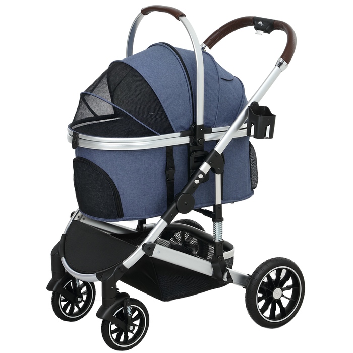 PawHut Коляска для собак 3 в 1 Dog Buggy Складна для собак і кішок до 10 кг Cat Buggy з подушкою Підстаканник Сітка Вікна Двері Кошик для зберігання Котяча коляска Баггі Dark Blue | Аосом