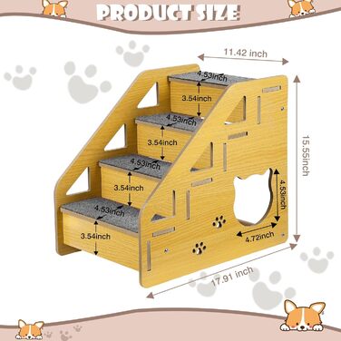 Сходинки для собак: дерев'яна драбинка для маленьких і середніх собак, 4 сходинки, 38.1 см, для ліжка/дивану