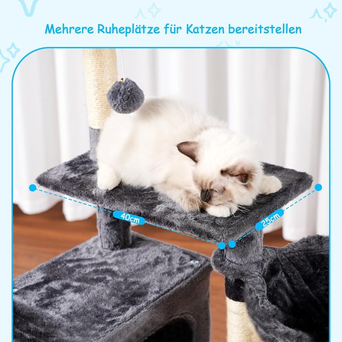 Котячий будиночок Hey-brother Kratzbaum 108 см: багатоярусний котячий комплекс з когтеточками, будиночком, гамаком та іграшками, кольори: рудий/чорний, MPJ007SBR (димно-сірий)