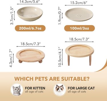 Набір керамічних мисок для котів Havnina (3 шт., білий): миски для їжі та води без дискомфорту від вусів, 14 см, широкий бортик, вінтажний лате