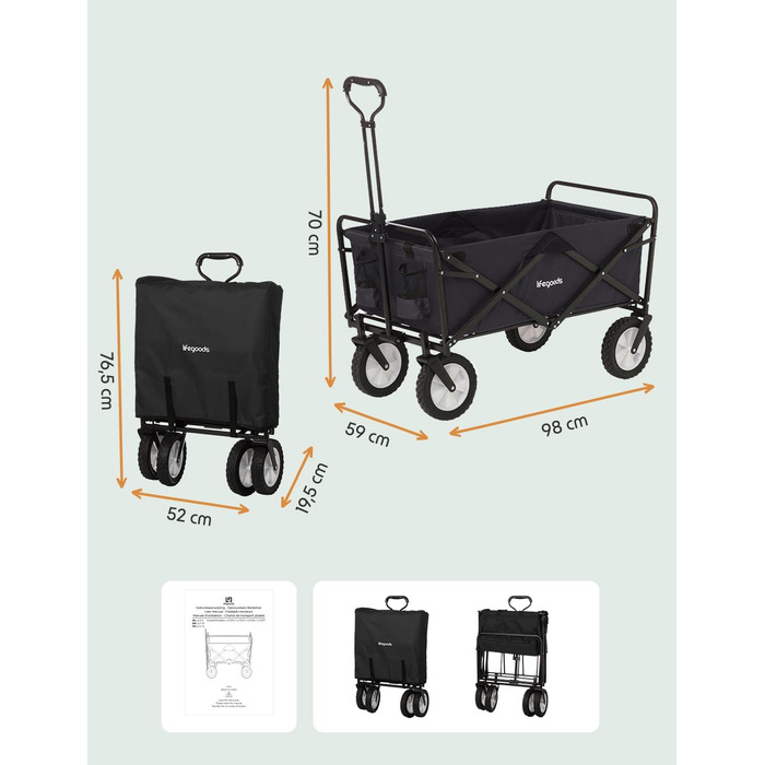 LifeGoods Фарбована візок-тачка, складаний садовий/пляжний візок, чорний – 98x45 см, 94L