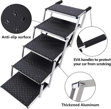 Складні сходи для собак з алюмінію, 5 сходин, вантажопідйомність 80 кг, антиковзне покриття, для автомобілів та SUV, чорний колір
