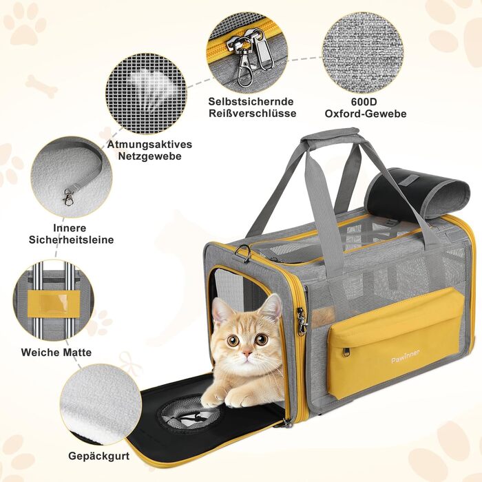 Транспортна переноска Pawinner для котів та собак, 45x33x33 см, з візком для авто та літака, складана, дихаюча, до 9 кг (Сірий, Світло-жовтий)