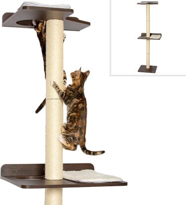 PetFusion Ultimate Котячий дерев'яний комплекс для лазіння та активності, 195 см, з високими сизалевими стовпами, настінний монтаж, сучасний дизайн, колір еспресо, гарантія 1 рік