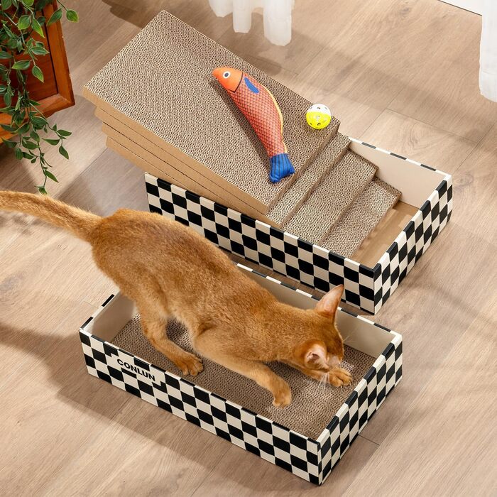 5-Piece Cat Scratch Box Set from Conlun: Large, Double-Sided Design, Interactive Openings, Durable Scratch Pad, Furniture Protector (White)