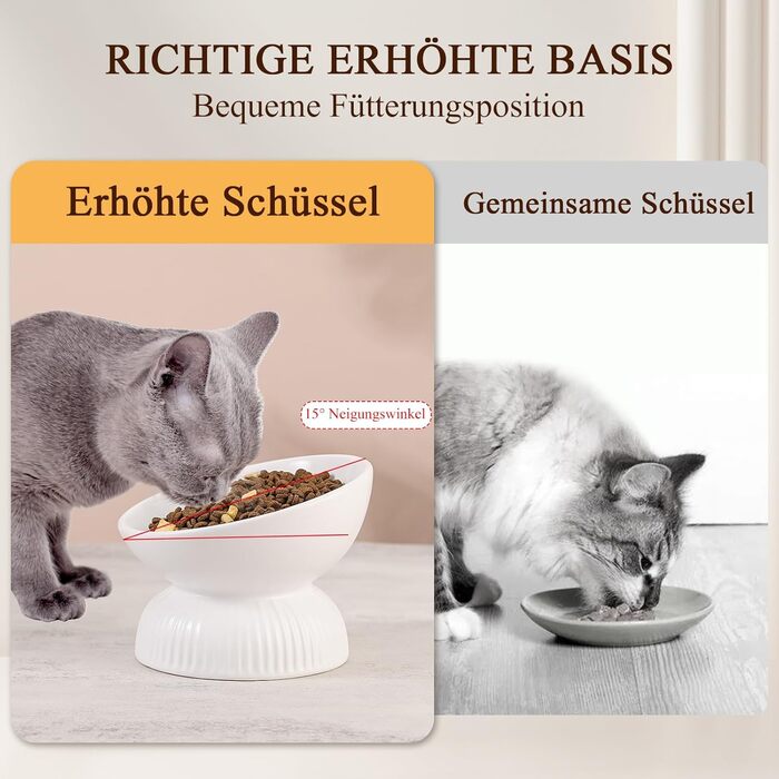 Підвищена годівниця для котів з кераміки - нахилена миска проти блювоти для котів - 280 мл, діаметр 15,5 см, біла