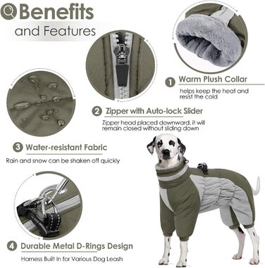 Зимовий комбінезон для собак AOFITEE - водонепроникний теплий одяг для великих собак з отвором для шлейки, теплий зимовий костюм для собак, підходить для Французького Бульдога (M, Оливковий)