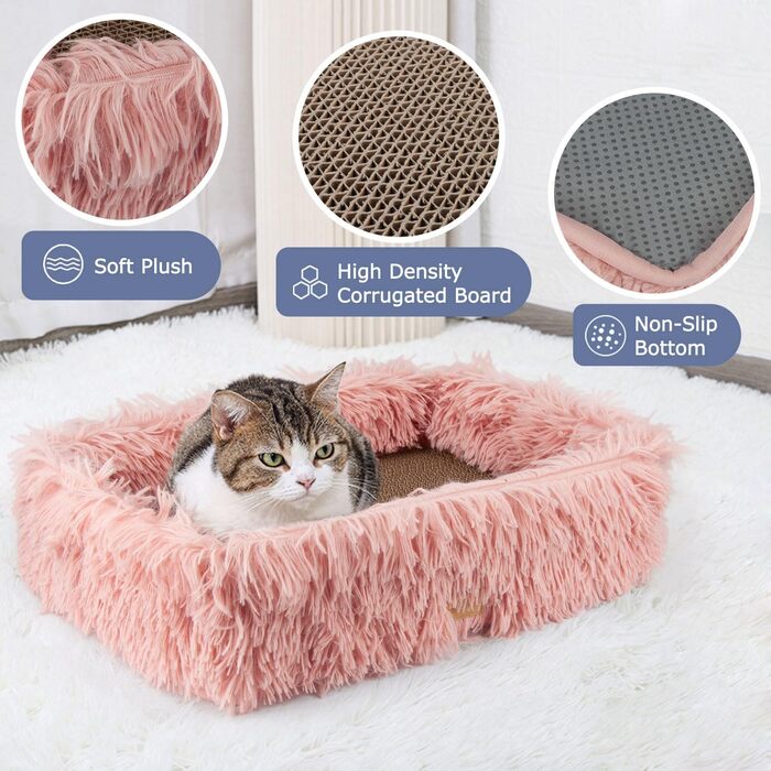 Котячий когтеточка з картону з коробкою, міцна велика ліжко для котів, м'яка когтеточка з гофрокартону, знімна, двостороння, захист меблів (44×34×14см), рожевий колір