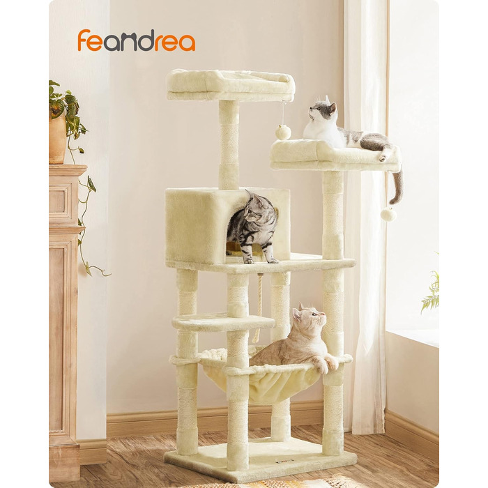 Котячий дім Feandrea 143 см, багаторівневий, 11 стовпчиків-когтеточок, 2 платформи, будиночок, гамак, 2 іграшки, плюш, бежевий