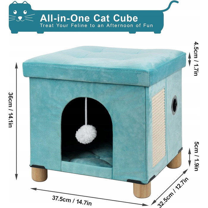Складане ліжко-будиночок для кота у формі куба, елегантний блакитний колір