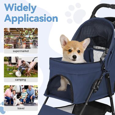 Складаний візок для тварин та дітей з обертовими колесами 360°, кошиком для зберігання, міцним металевим каркасом та дихаючими сітковими віконцями – портативний переносник для котів та собак до 22 кг (Блакитний)