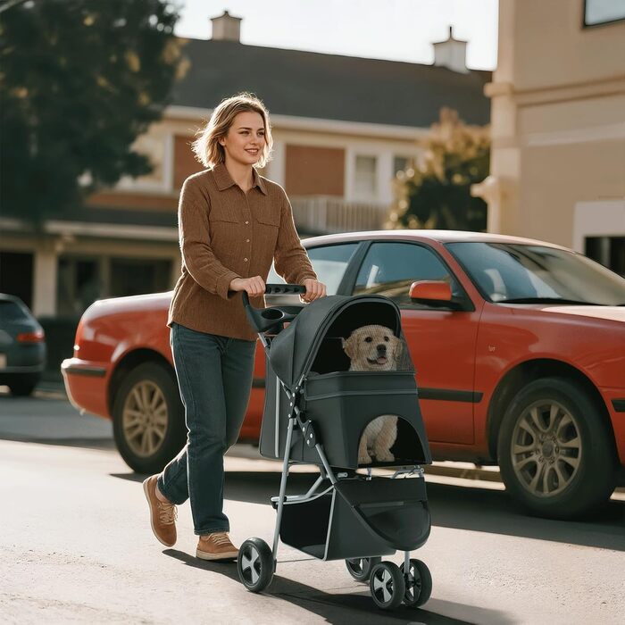 Візок для тварин: для собак та котів, 3 колеса, складаний, з кошиком та тримачем для напоїв, карбоновий чорний
