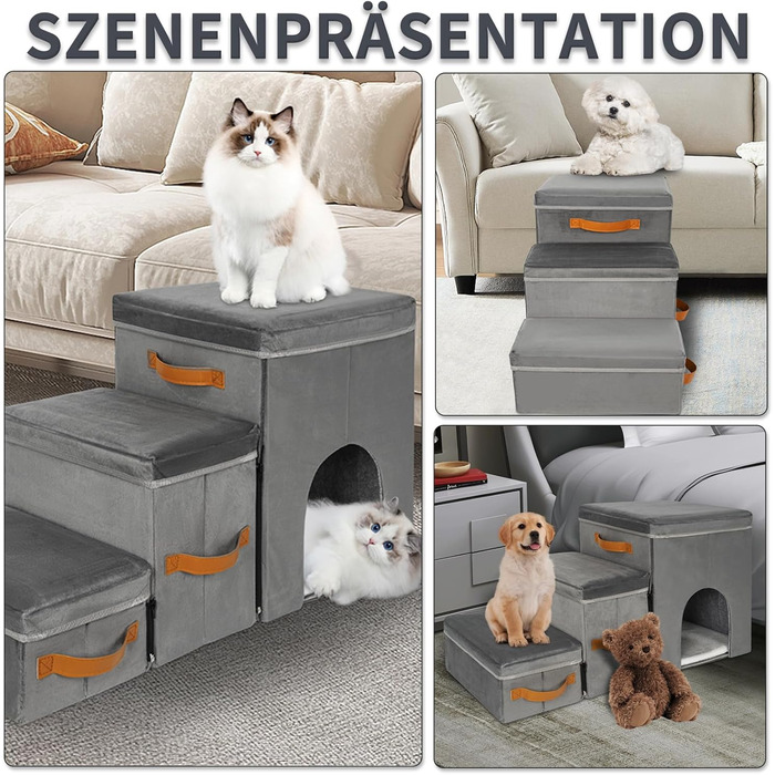 Сходинка для тварин OUUTMEE: складана сходинка для собак та котів з місцем для відпочинку, сіра (3 яруси з гніздом, 3 сходинки)
