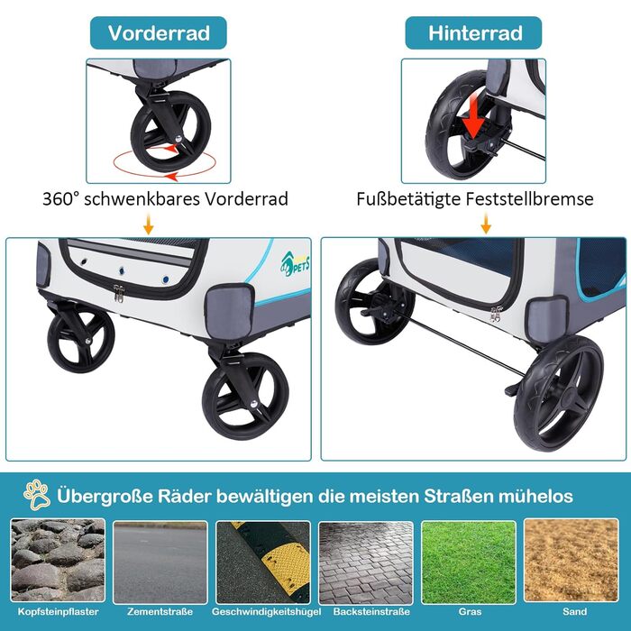 Візок для собак Ownpets XL для великих собак до 70 кг, з місткою сумкою, регульованою ручкою, дихаючим мережем, складний, 4 гумові колеса