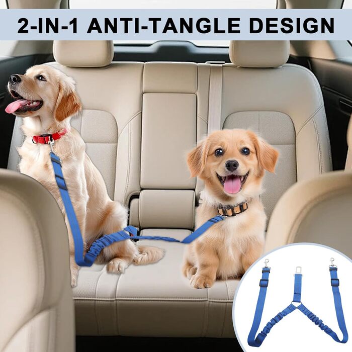 Ремінь безпеки для собак у машину, подвійний, еластичний, регульований з амортизатором та карабіном для маленьких та середніх собак (блакитний)