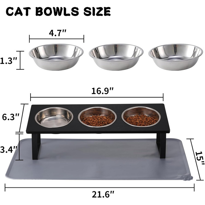 Підвищена годівниця для котів з килимком, нахилена під кутом 15°, миска для їжі та води, що запобігає блювоті, 2 шт. з нержавіючої сталі для котів та цуценят (Сірий) Сірий-2 миски (Чорний-3 миски)