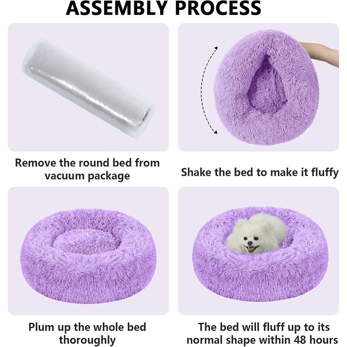 Кругле ліжко-пончик для собак та котів, середнє, з ковдрою, лілакове. Легко миється, м'яке, плюшеве, 61 см (діаметр), ковдра 71x23 см