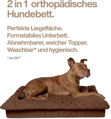 Велике собаче ліжко XXL 120 см сірого кольору з знімним топером, стабільне та зручне, подушка для собак у дорогу, прання до 90°C, для великих та середніх собак (L 90x60x12 см, Колір: коричневий)