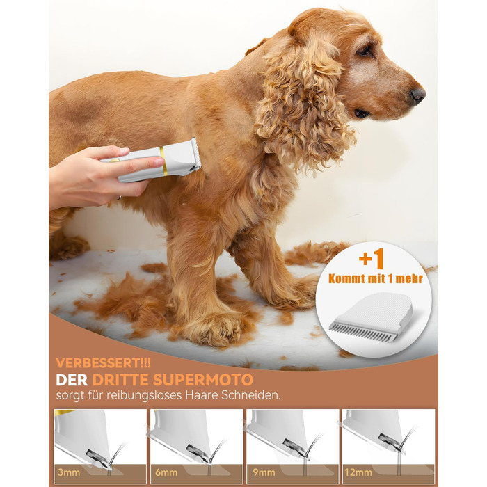 Триммер для собак і котів Unibono Leise - акумуляторний, 4 насадки для грумінгу, 7000 об/хв