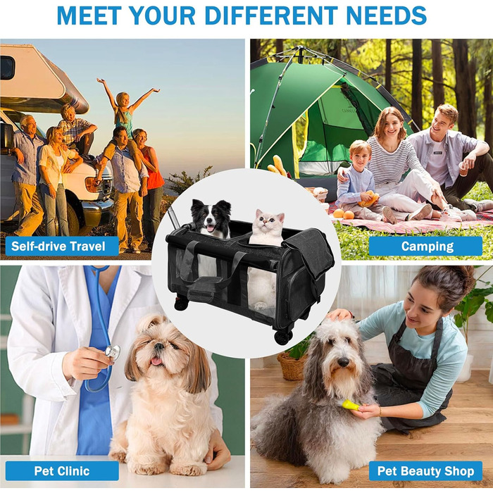 Транспортна переноска для котів та собак на 20 кг з 2 відділеннями, колесами та телескопічним ручками (чорна)