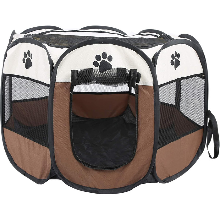 Складане зоо-намет для тварин 8-секційний з бічною сіткою – вольєр для домашніх тварин з блискавками для використання в приміщенні та на вулиці, для подорожей, кемпінгу 68 x 45 см (колір кава)
