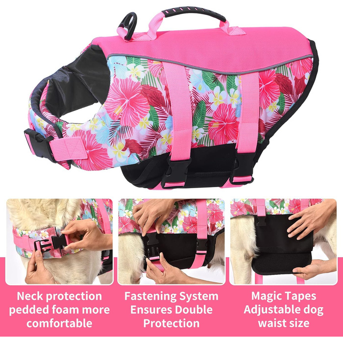 Світловідбиваюча жилет для плавання собак Hawaiian Sports Style, жилет для собак з ручкою для рятування, регульований жилет для цуценят, середнього, великого розміру, квіти + рожевий